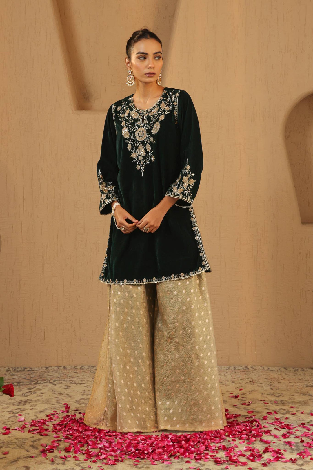 Emerald Floral Zari Velvet Kurta with Sharara - Set of 2