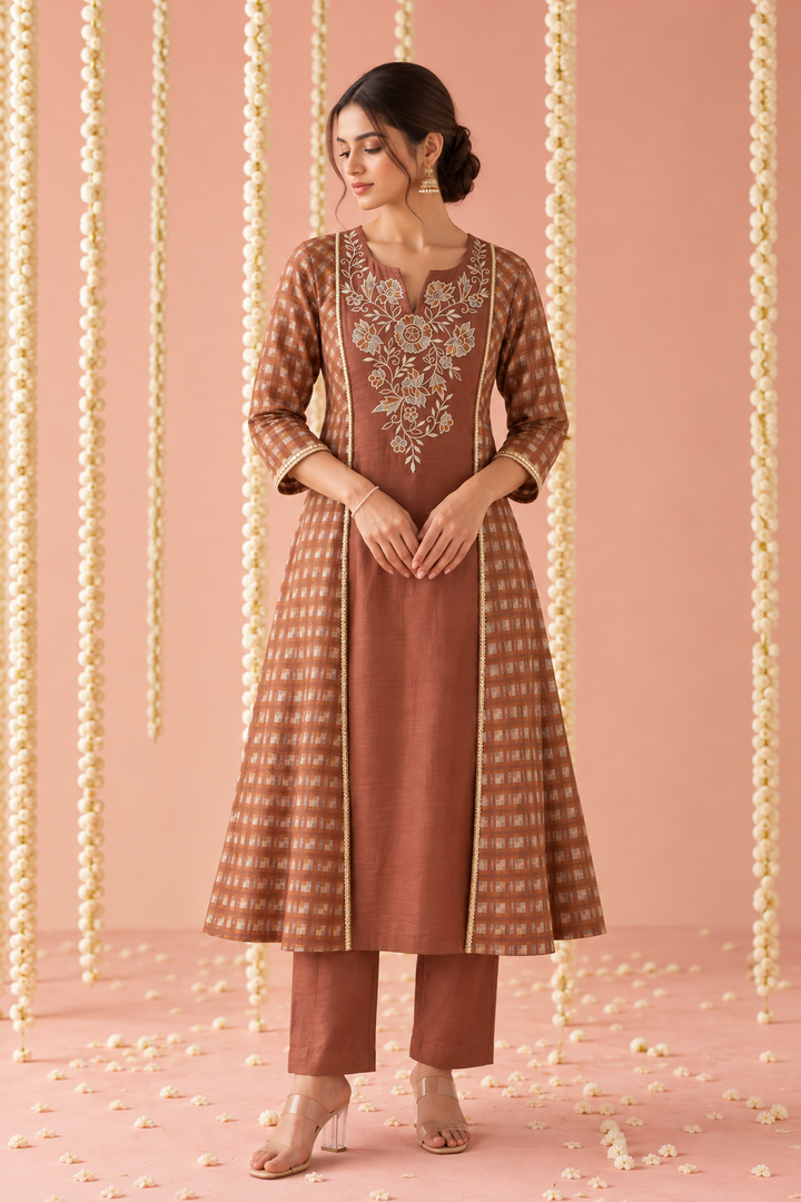 Brown Zari Embroidered Check Tissue Kurta Set with Dupatta - Set of 3