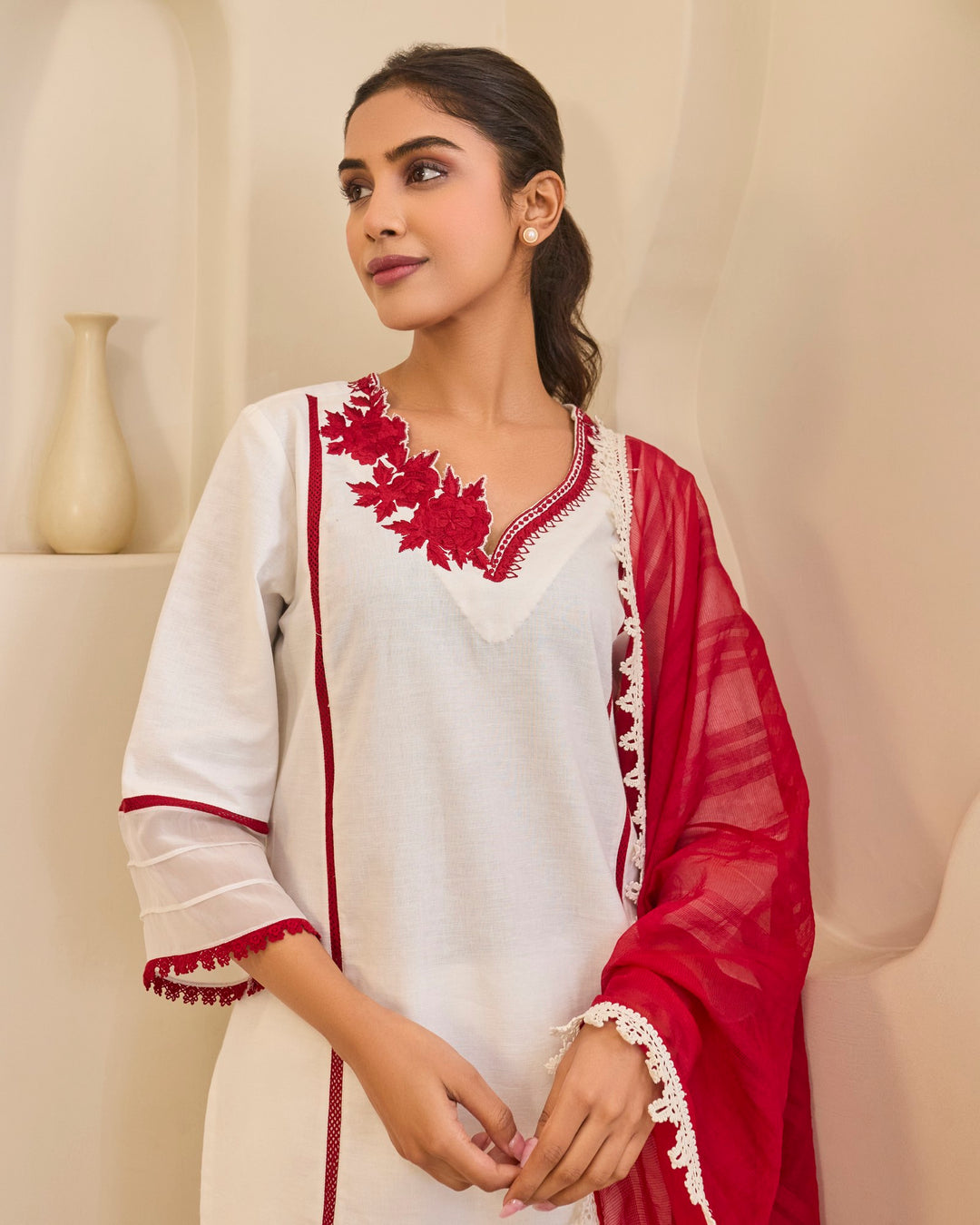 Red Rose Embroidered Khaadi Kurta