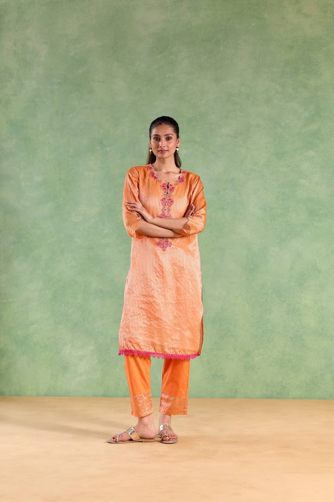 Orange Scallop Zari Kurta with Narrow Pants - Set of 2