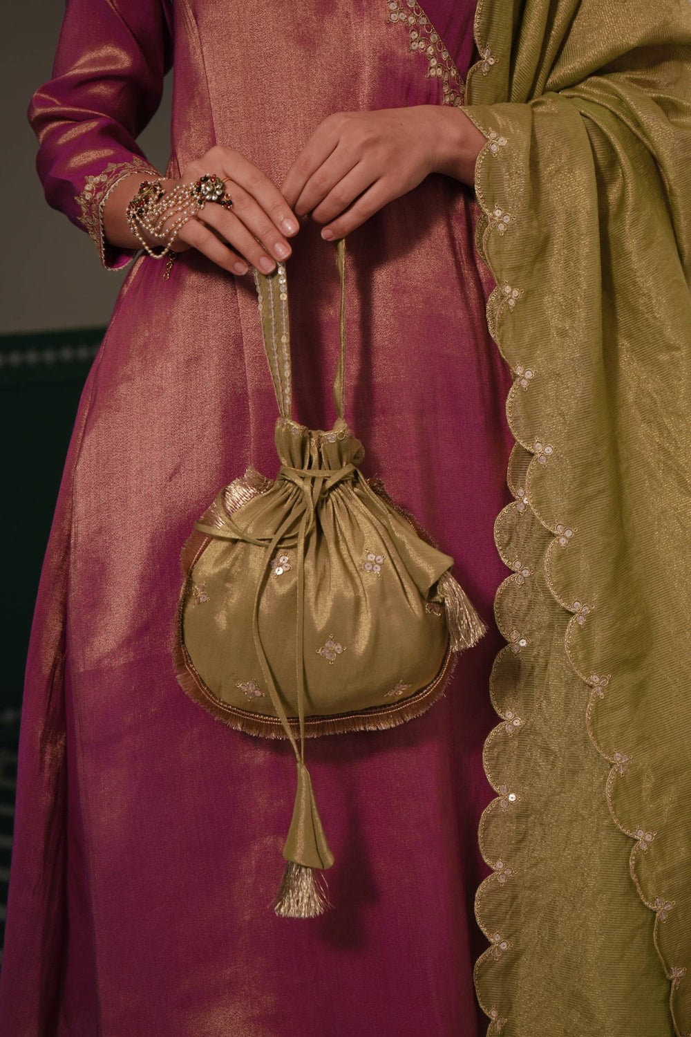 Green Tissue Potli Bag