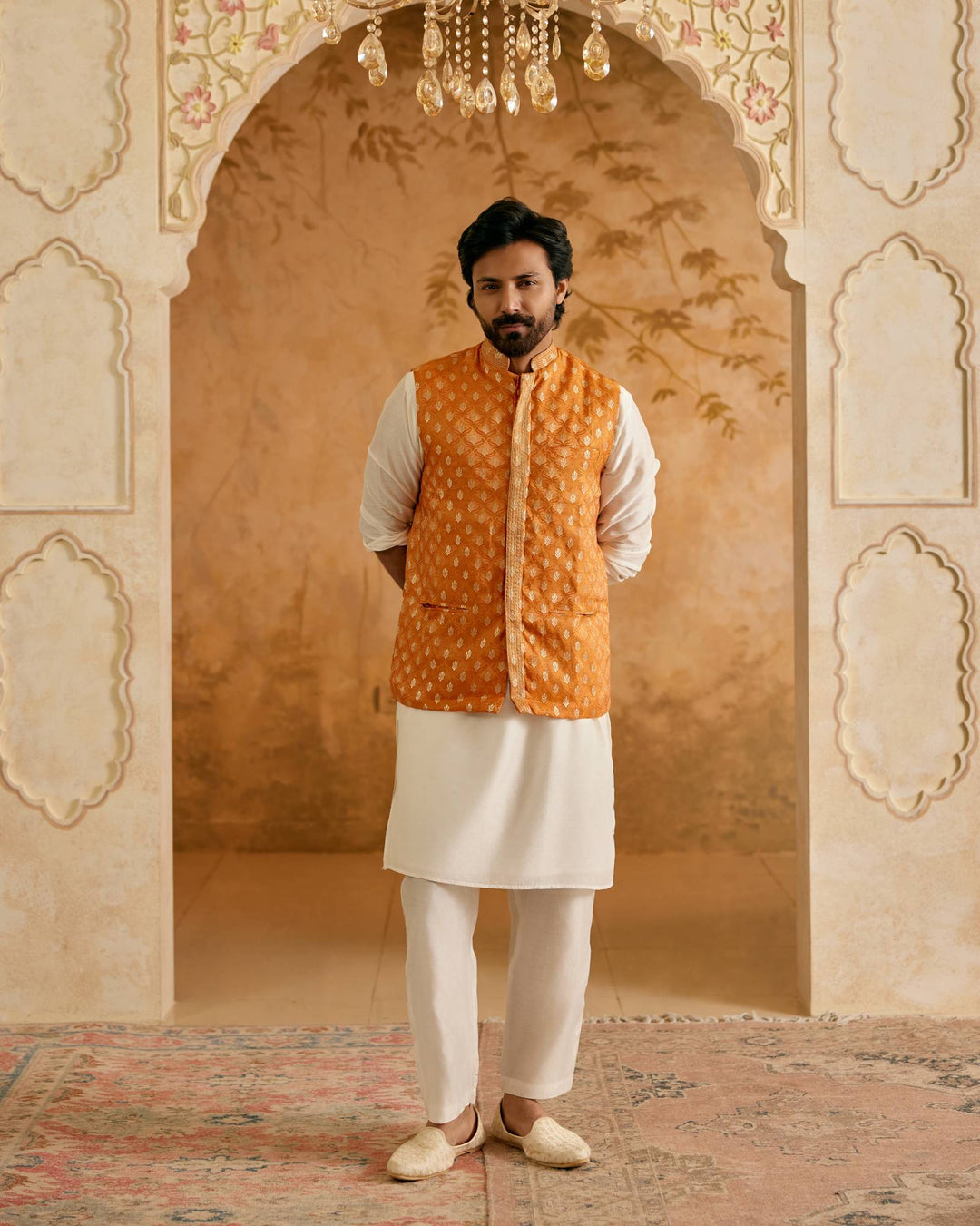 Orange Brocade Nehru Jacket with Kurta Set - Set of 3