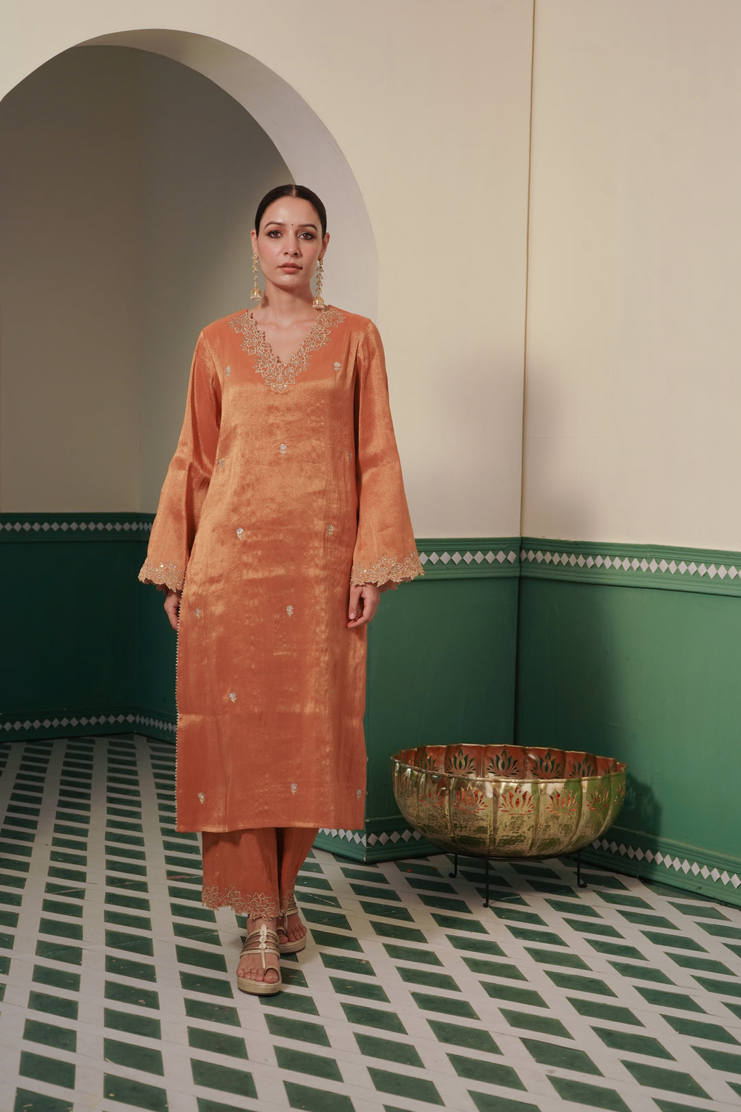 Amber Zari  Kurta Set with Wide Leg Pants & Dupatta - Set of 3