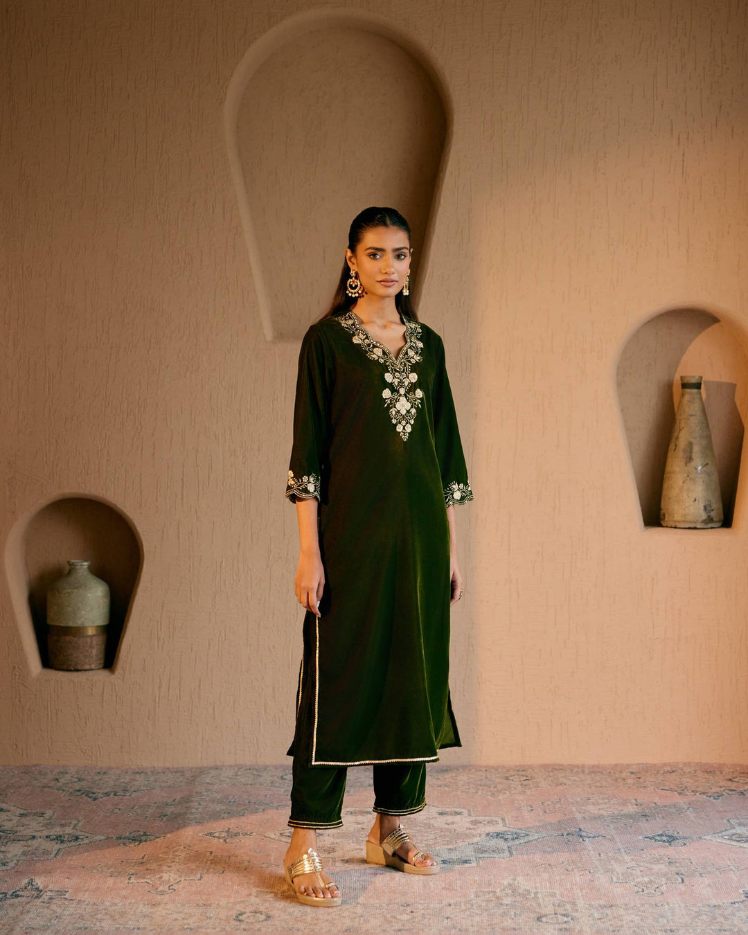 Olive Embroidered Velvet Kurta with Narrow Pants - Set of 2