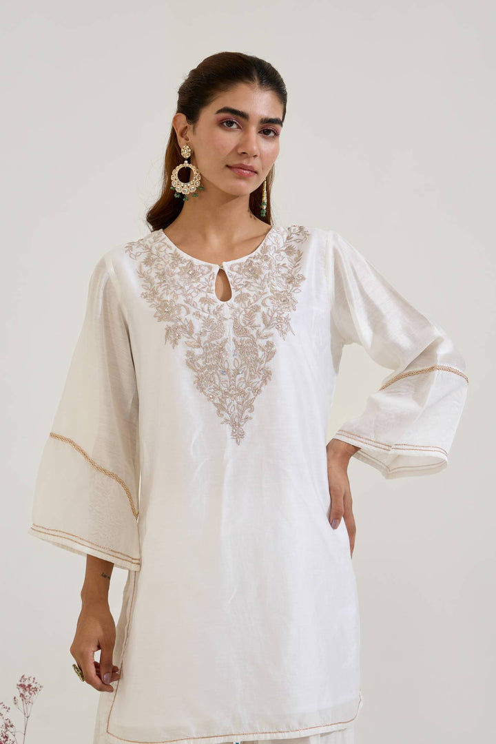 Rosy White Zari Kurta with Farsi Salwar and Dupatta - Set of 3