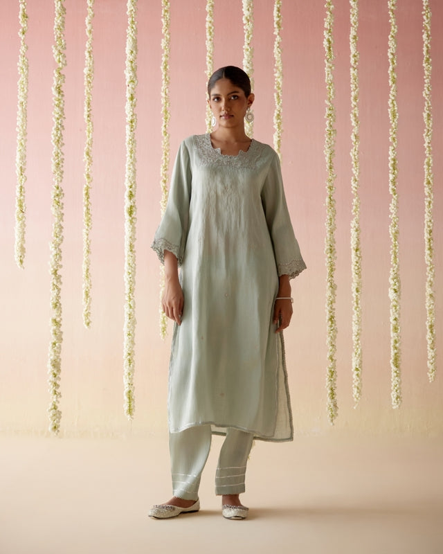 Mint Daisy Tissue Kurta with Narrow Pants - Set of 2