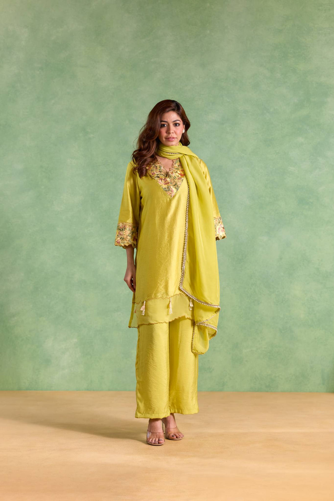 Lime Rose Embroidered Chanderi Kurta with Flared Pants and Dupatta - Set of 3