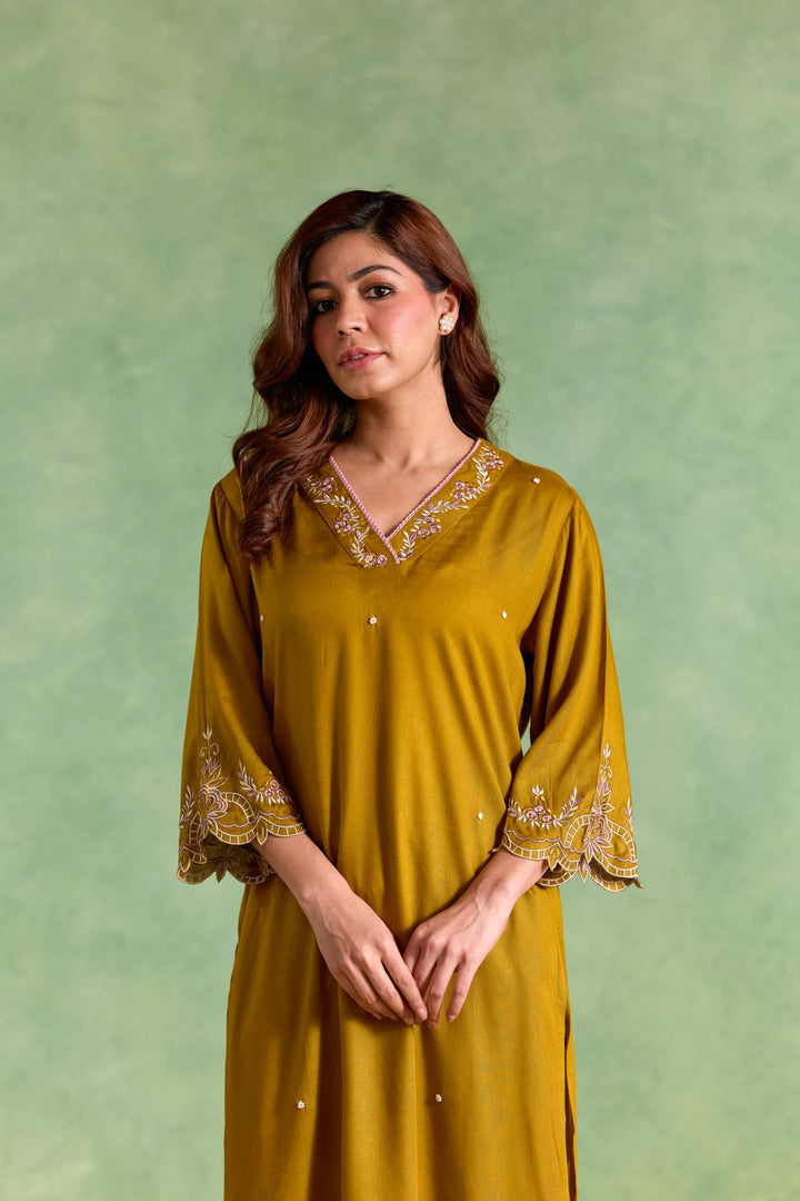 Olive Gold Scallop Kurta with Flared Pants and Dupatta - Set of 3