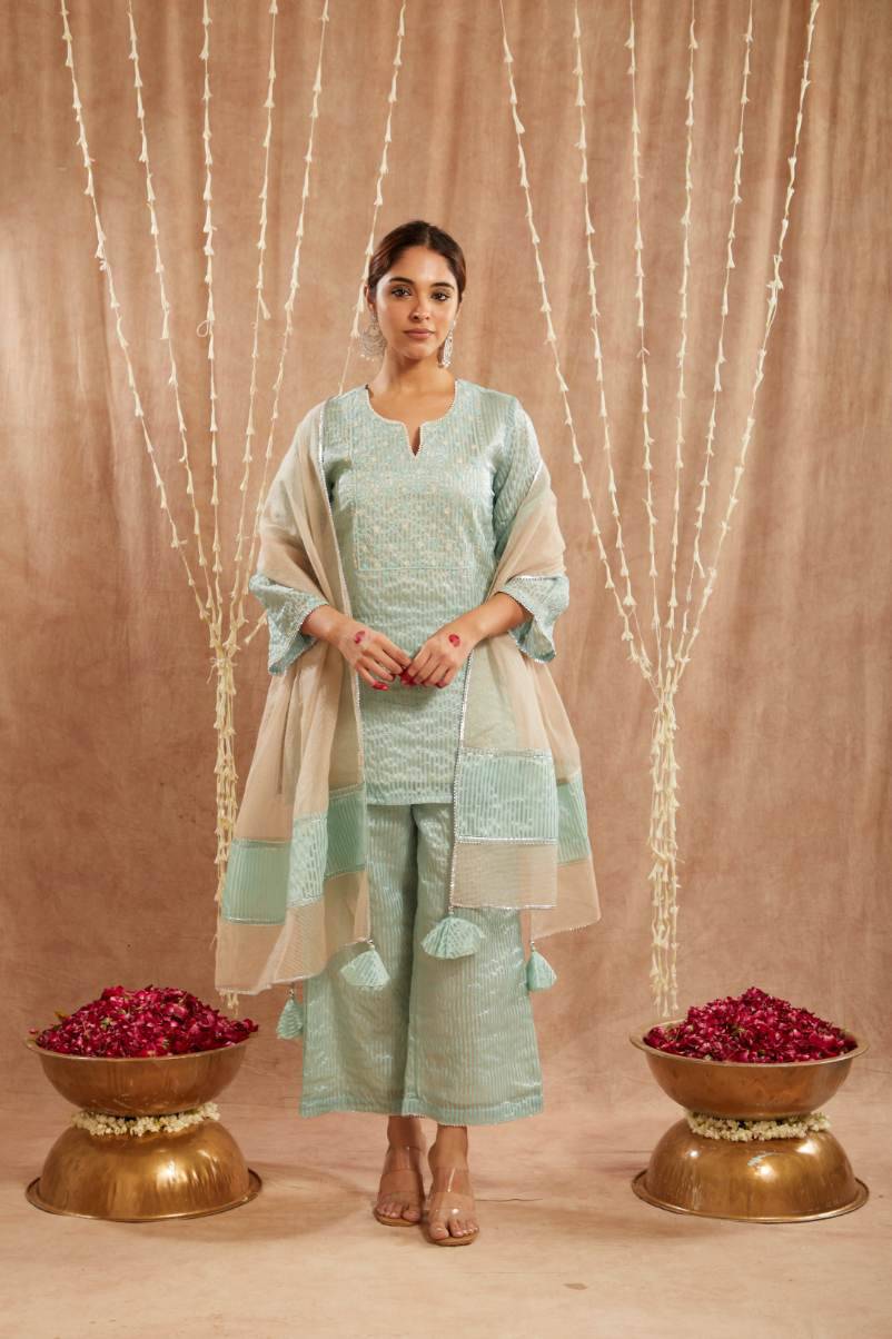 Blue Moroccan Dori Kurta with Flared Pants and Dupatta- Set of 3