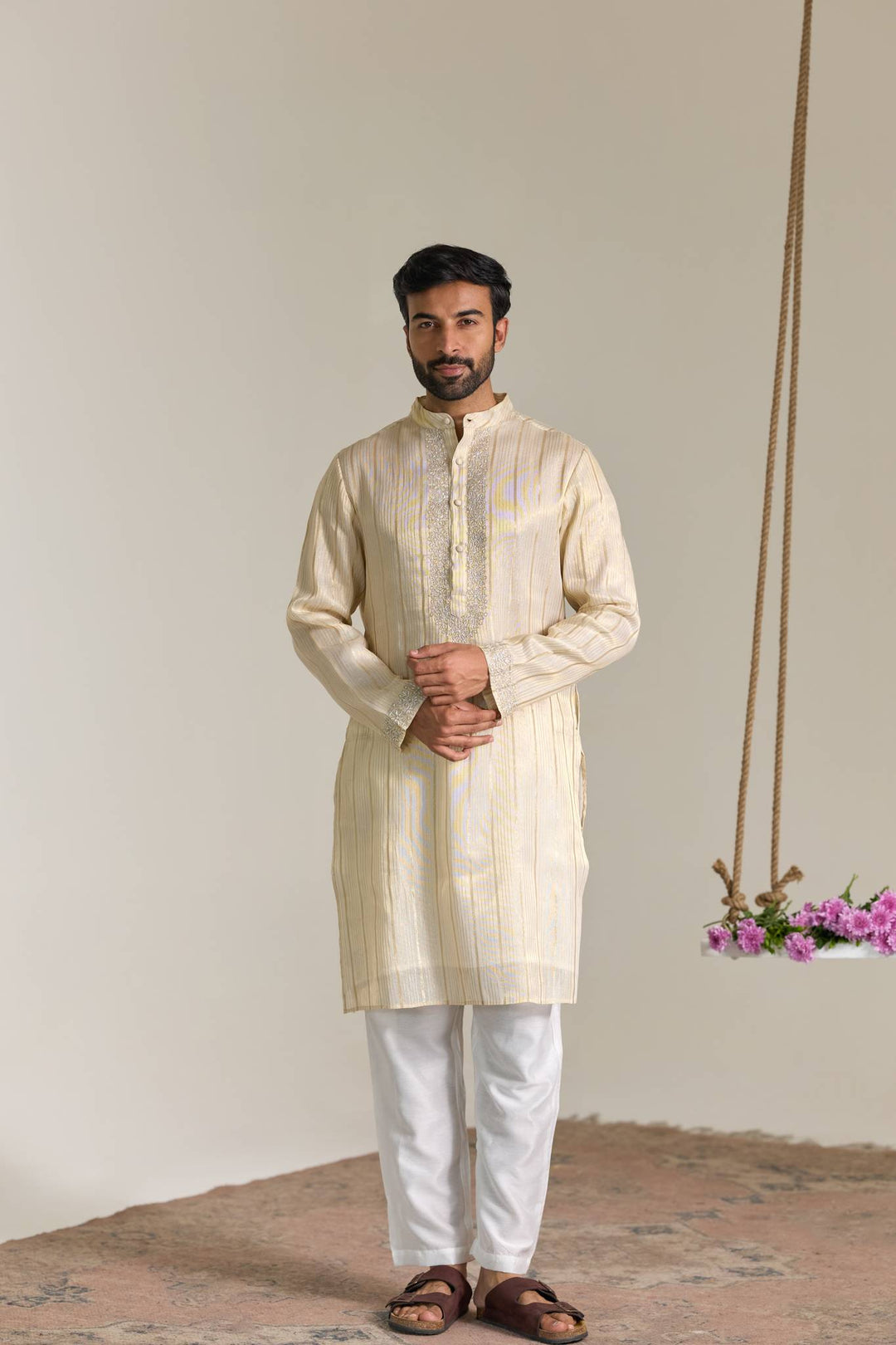 Golden Floral Stripe Embroidered Kurta