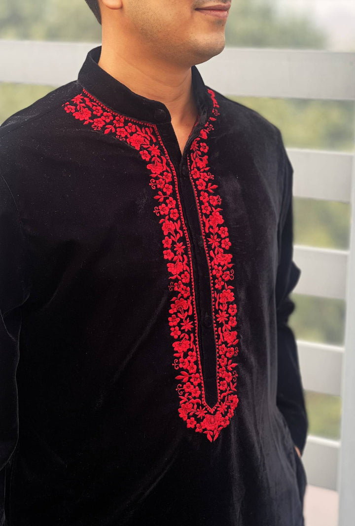 Black Bloom Embroidered Velvet Kurta