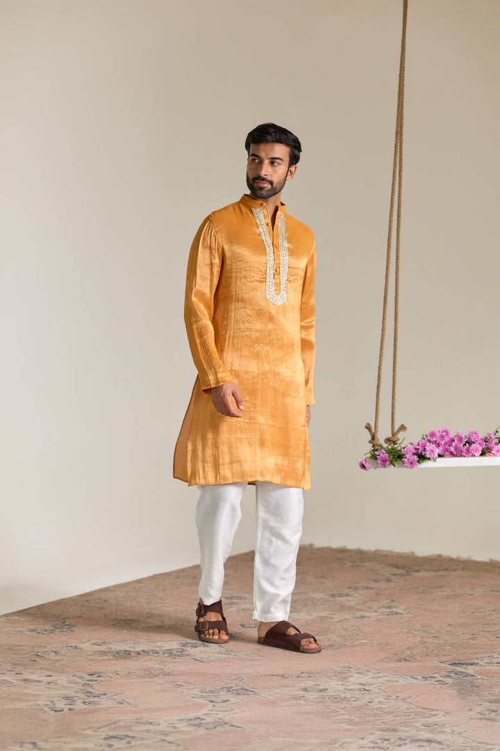 Orange Gold Gota Tissue Kurta with Narrow Pants