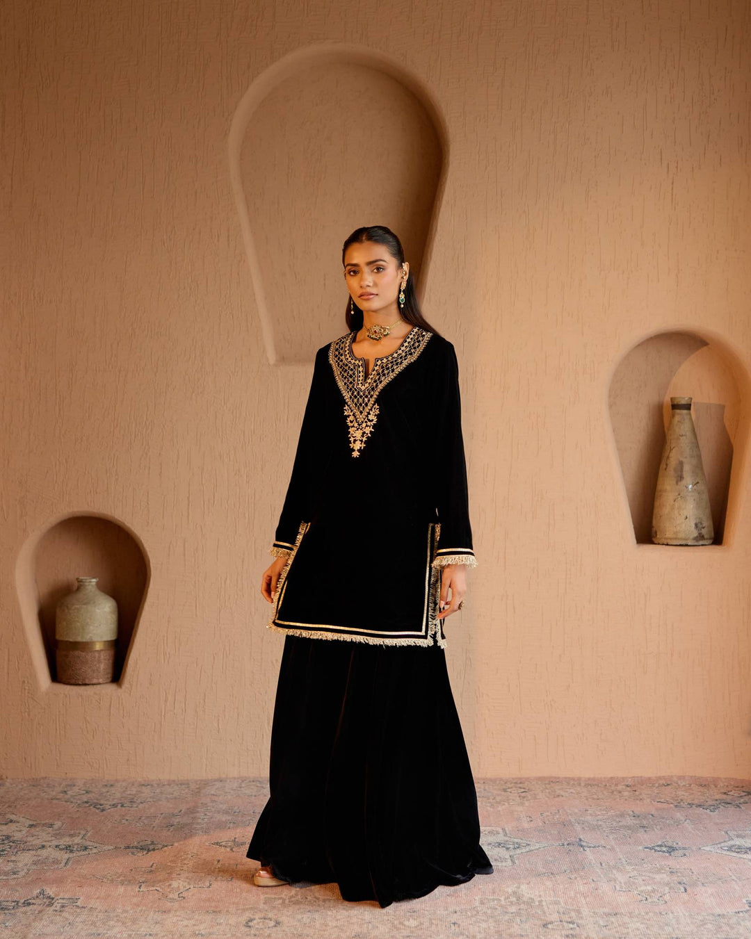 Black Dori Velvet Kurta with Sharara Pants - Set of  2