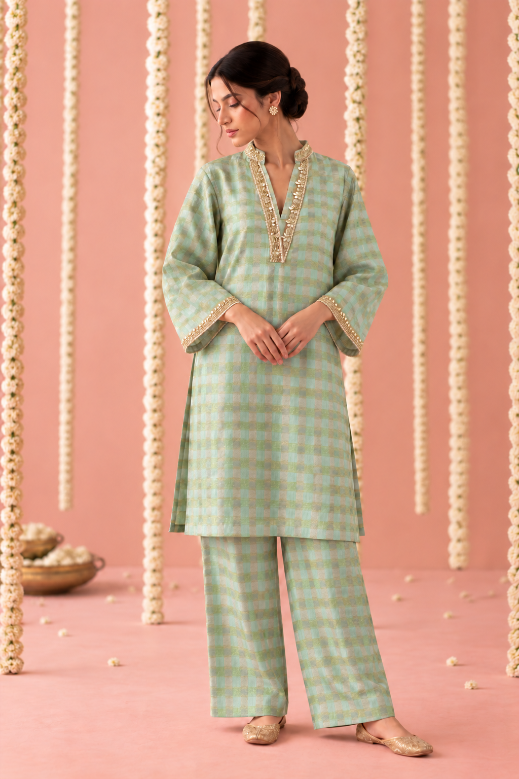 Mint Rose Charm Check Tissue Co-ord Set - Set of 2