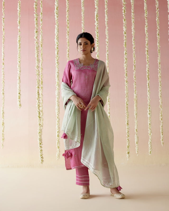 Peony Pink Tissue Kurta with Narrow Pants & Dupatta - Set of 3