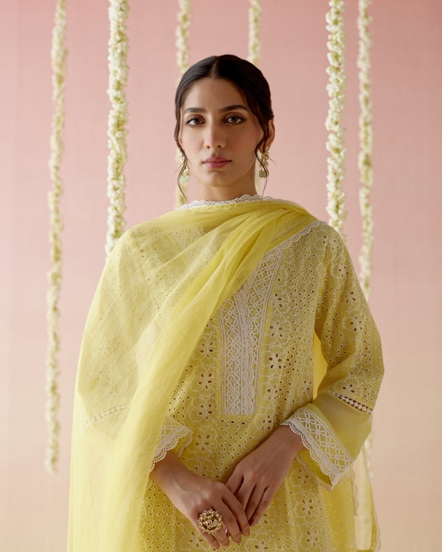 Yellow Pearl Kurta with Narrow Pants and Dupatta-  Set of 3