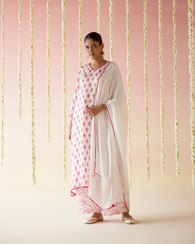 Raspberry A-Line Long Kurta with Wide Leg Pants and Dupatta- Set of 3