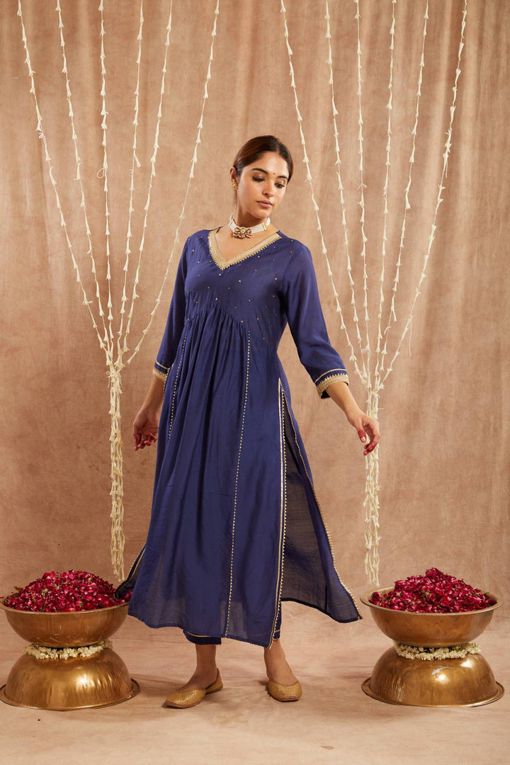 Blue Charm Chanderi Kurta with Narrow Pants and Dupatta - Set of 3