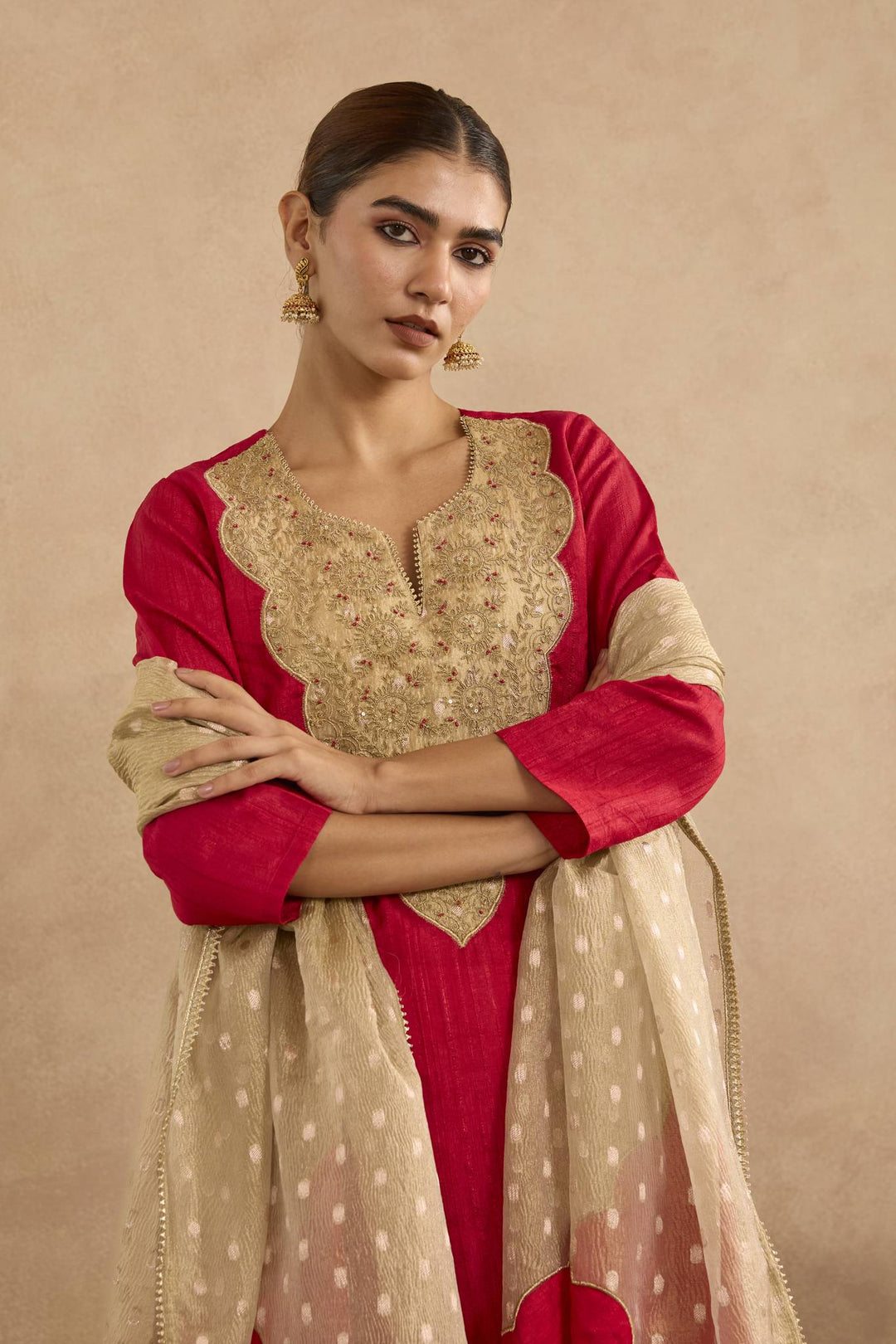Red Dori Yoke Kurta with Narrow Pants and Embroidered Dupatta - Set of 3