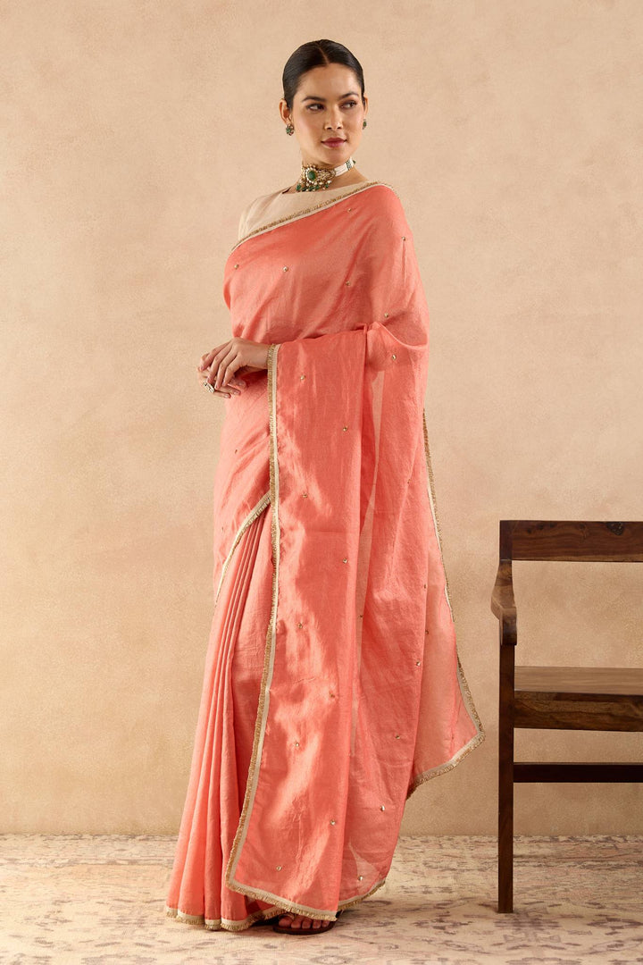 Red Gold Sequins Chanderi Stripe Saree