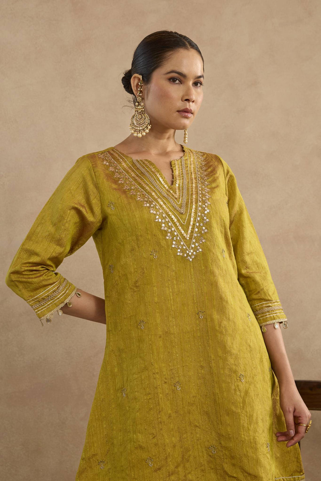 Warm Green Embroidered Kurta with Flared Pants - Set of 2