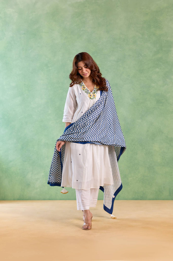 Blue Petal Embroidered Kurta with Wide-Leg Pants and Dupatta - Set of 3