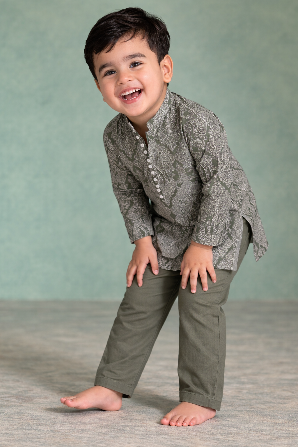 Boys Olive Jaal Loopi Kurta Set