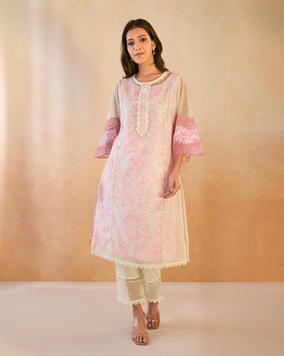 Blush Floral Embroidered Kurta with Narrow Pants - Set of 2