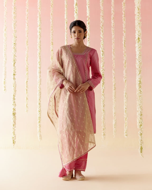 Fuchsia Rose Tissue Kurta with  Narrow Pants & Dupatta - Set of 3