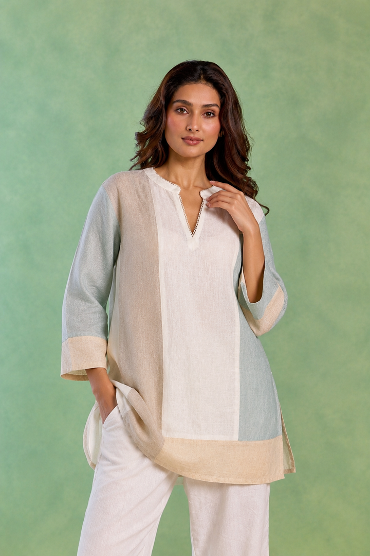 White Colourblock Handloom Cotton Co-ord Set