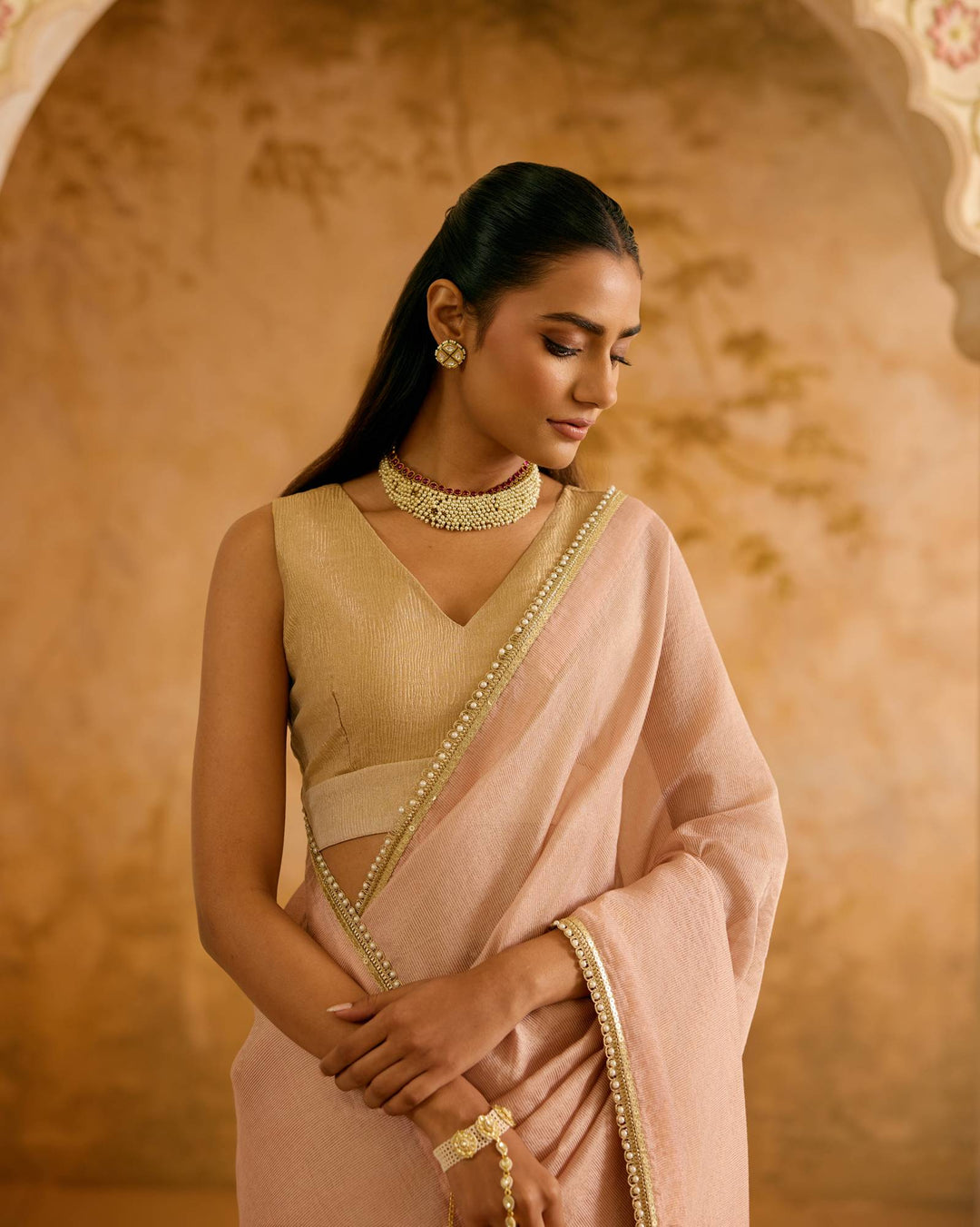 Peach Pearl  Chanderi Stripe Saree