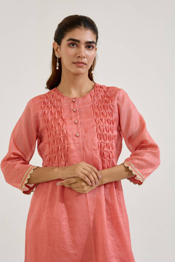 Red Gold Chanderi Stripe Kurta with Wide Leg Pants - Set of 2