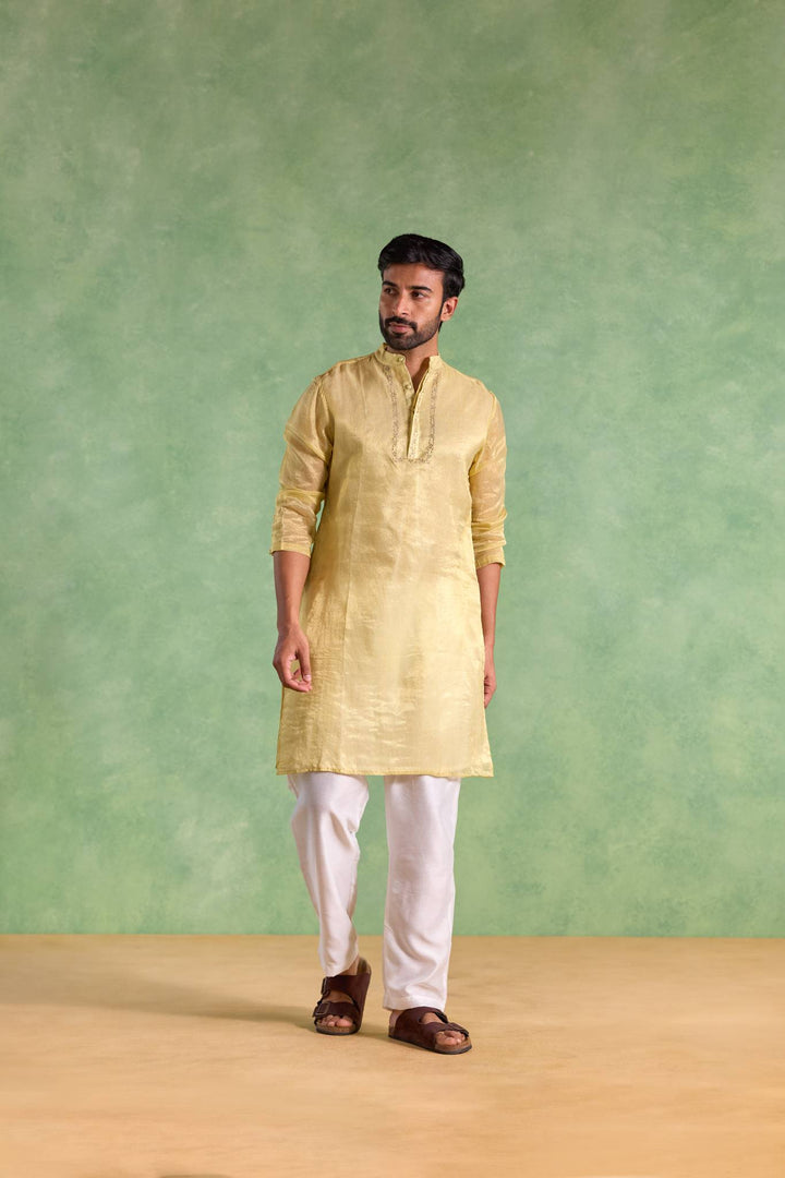Yellow Gold Stripe Embroidered Kurta with Narrow Pants