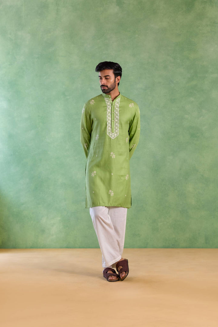 Sage Floral Buta Embroidered Kurta with Narrow Pants