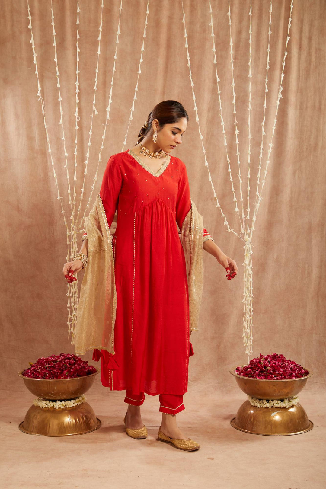 Red Charm Chanderi Kurta with Narrow Pants and Dupatta - Set of 3