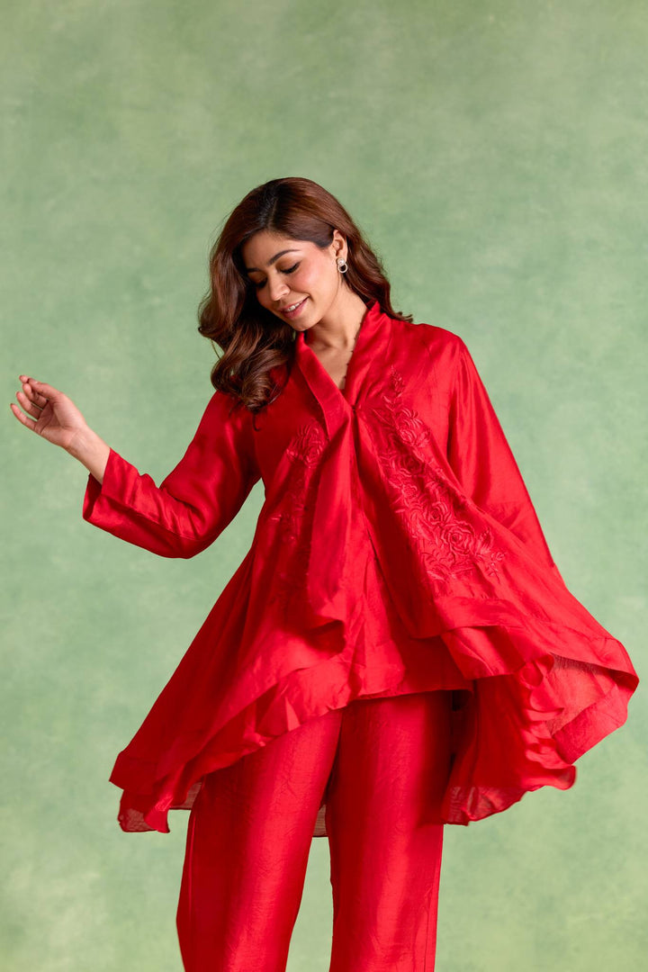 Rosy Charm Embroidered Chanderi Kurta with Straight Pants and Slip - Set of 3