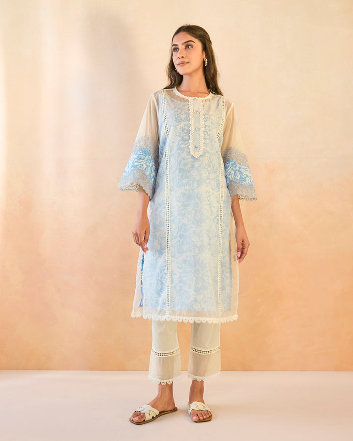 Sky Floral Embroidered Kurta with Narrow Pants - Set of 2