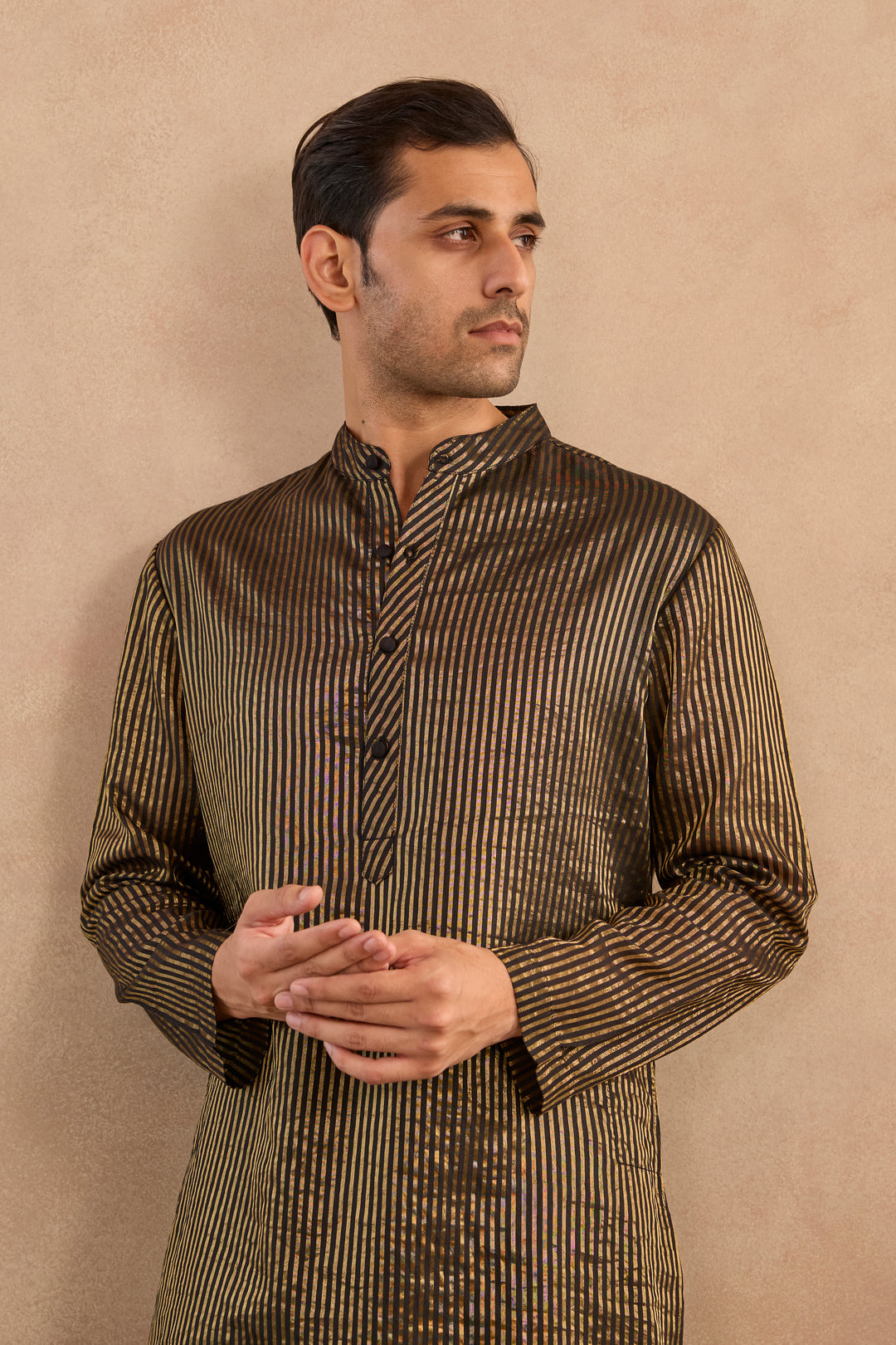 Black Lotus Chanderi Stripe Kurta with Narrow Pants - Set of 2