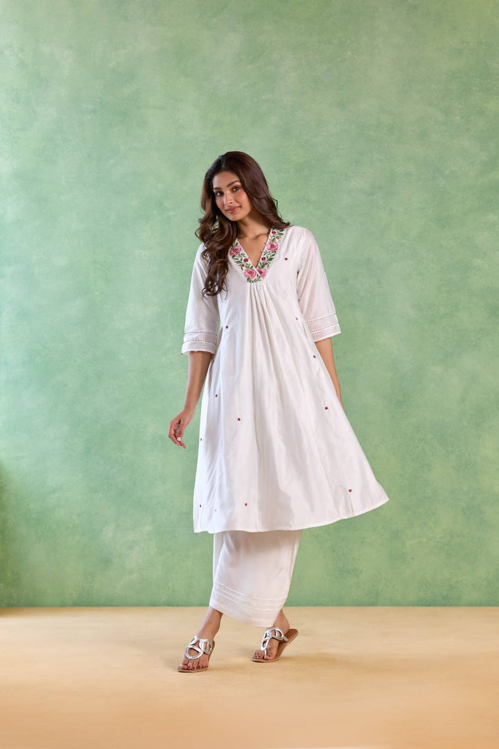 Red Petal Embroidered Kurta with Wide-Leg Pants - Set of 2