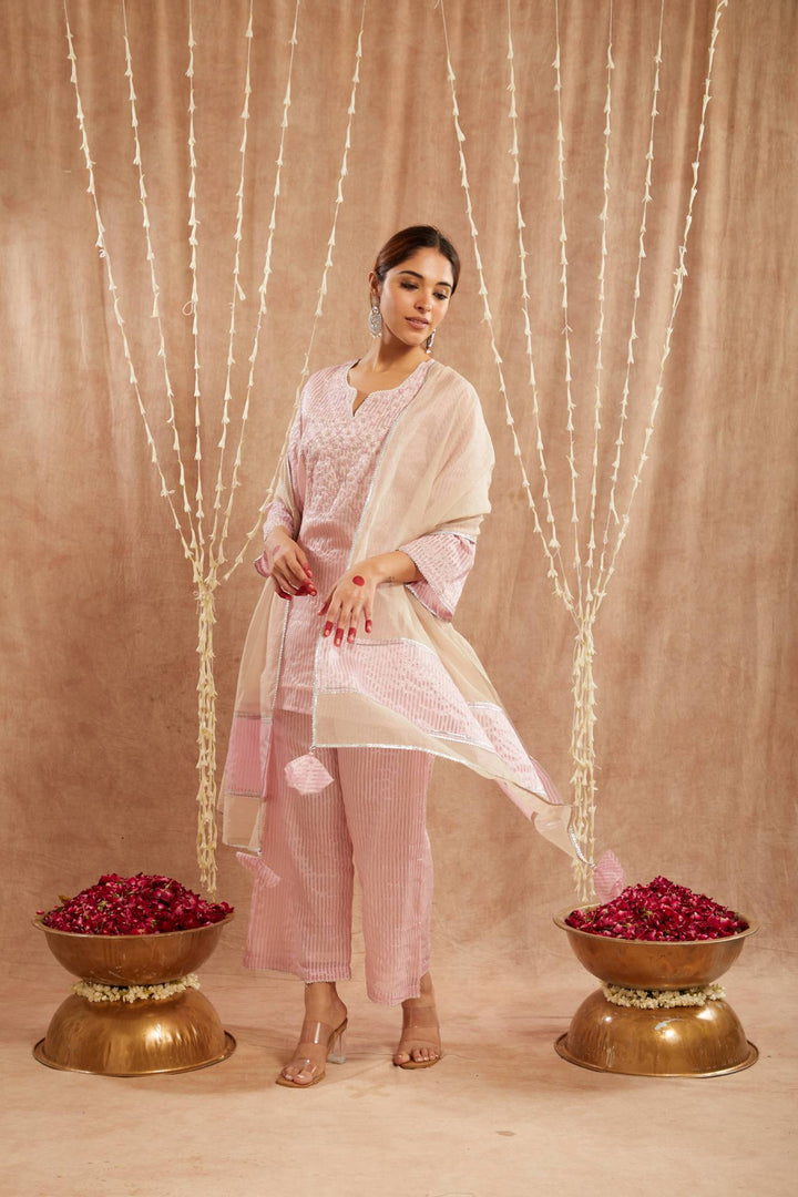 Pink Moroccan Dori Kurta with Flared Pants and Dupatta - Set of 3