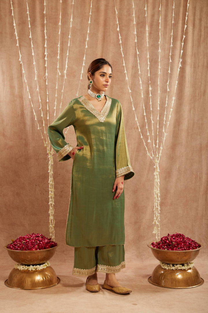 Green Sequins Gota Tissue Kurta with  Wide Leg Pants and Dupatta - Set of 3