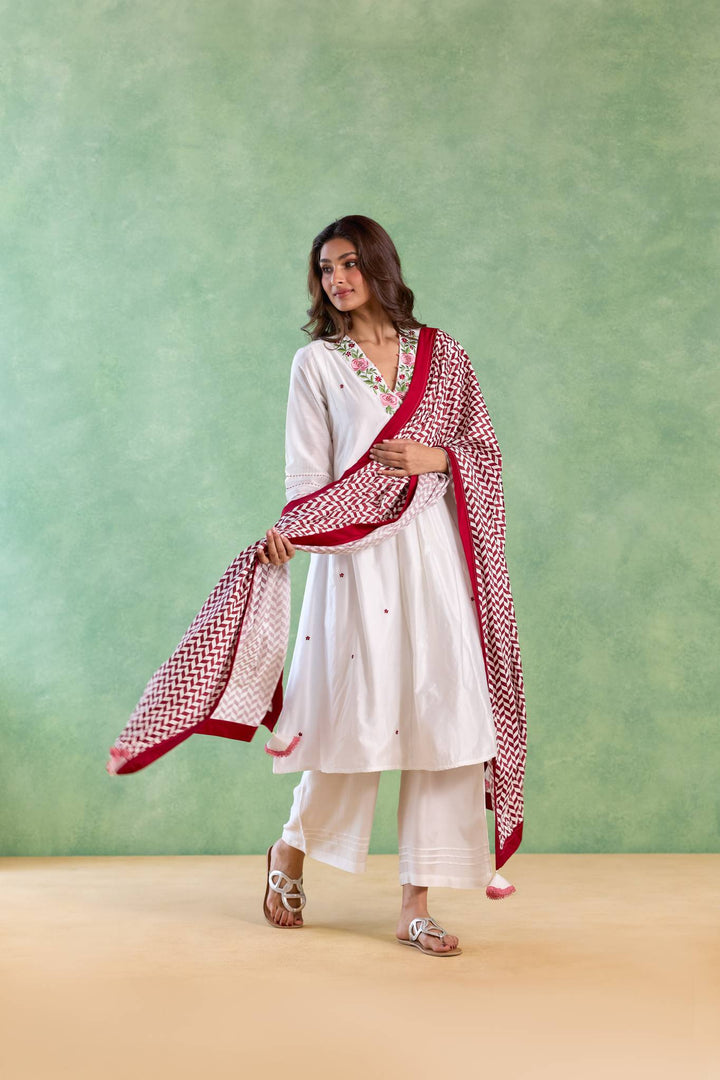 Red Petal Embroidered Kurta with Wide-Leg Pants and Dupatta - Set of 3