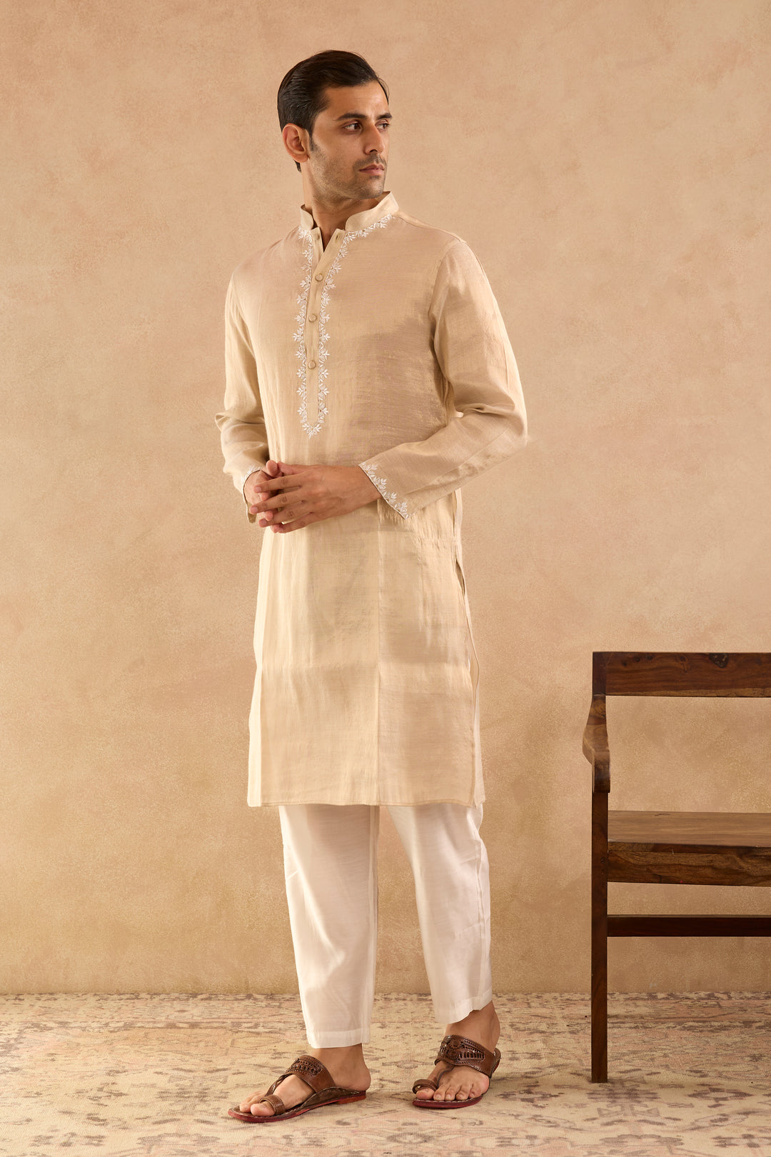 Gold Yoke Embroidered Tissue Kurta