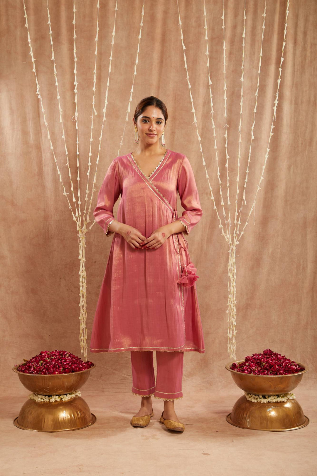 Pink Scallop Tissue Angrakha with  Narrow Pants and Dupatta - Set of 3