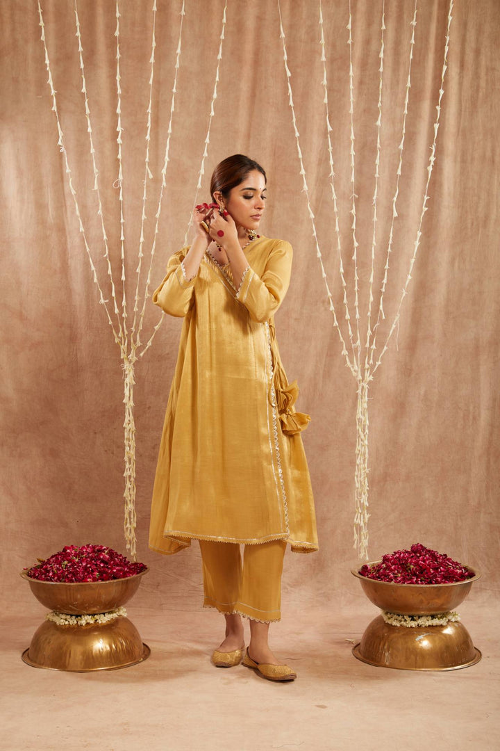 Golden Scallop Tissue Angrakha with  Narrow Pants and Dupatta - Set of 3