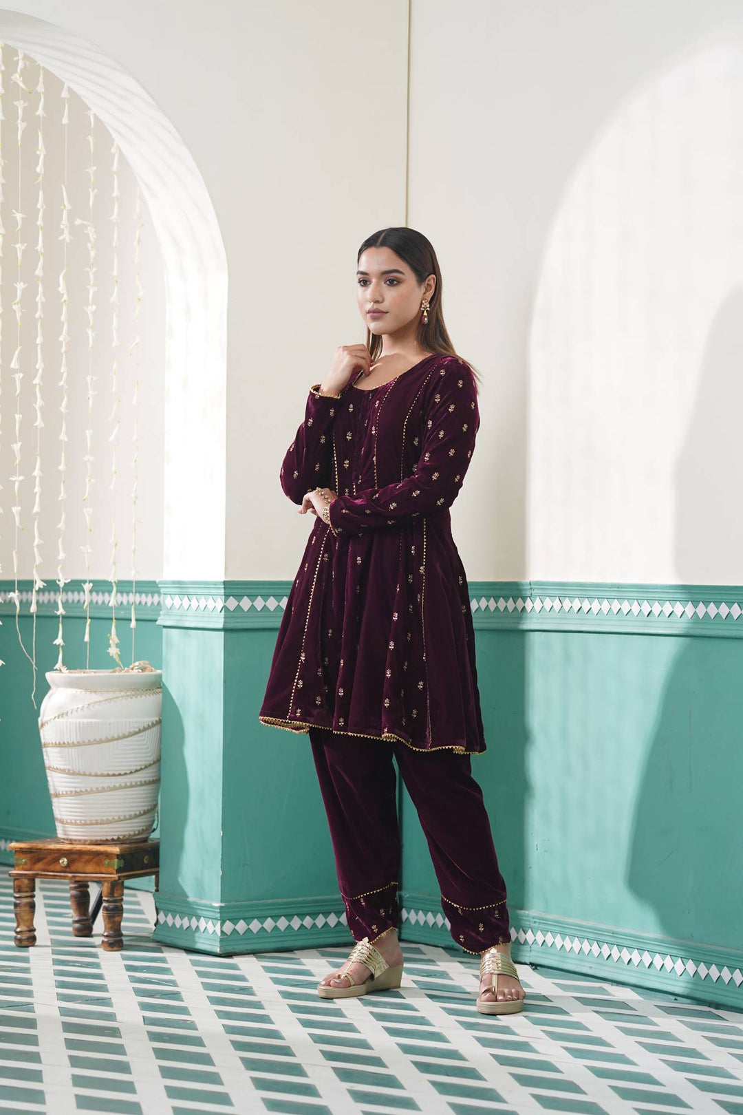 Velvet Floral Anarkali Set