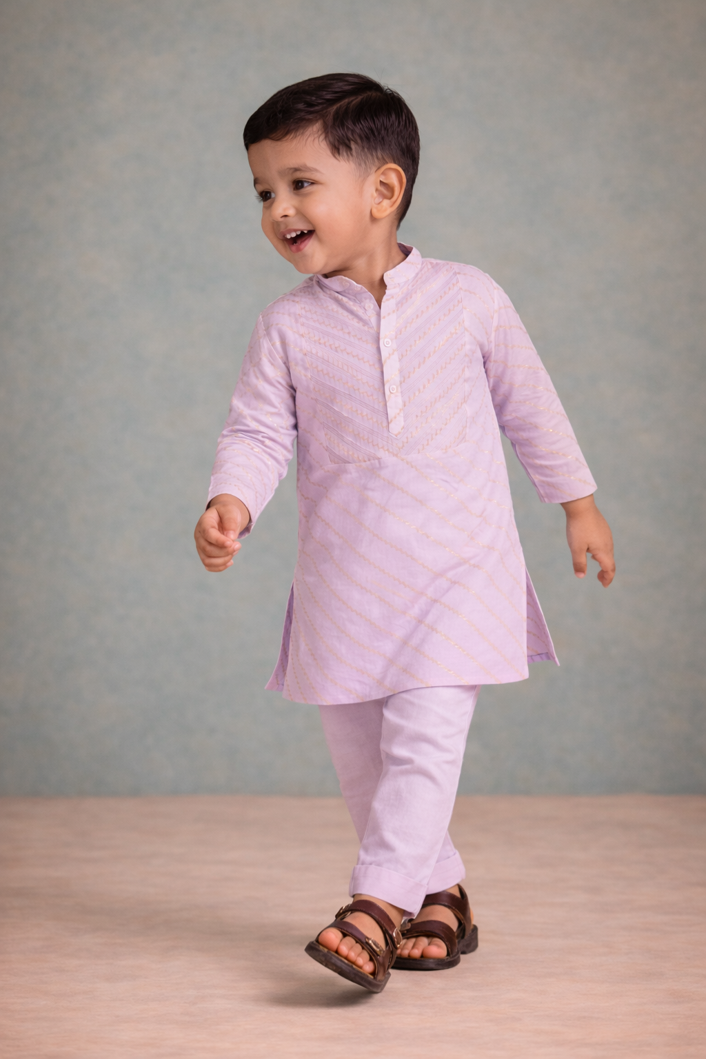 Boys Lilac Gold Chevron Brocade Embroidered Kurta Set
