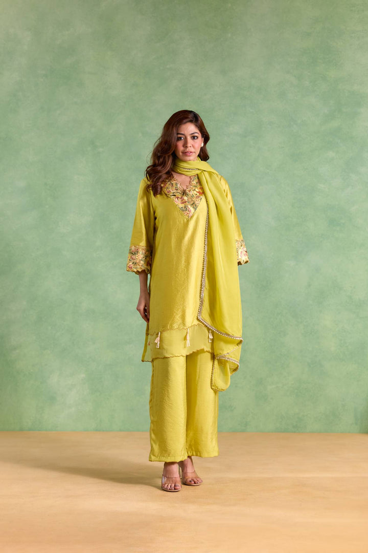Lime Rose Embroidered Chanderi Kurta with Flared Pants - Set of 2