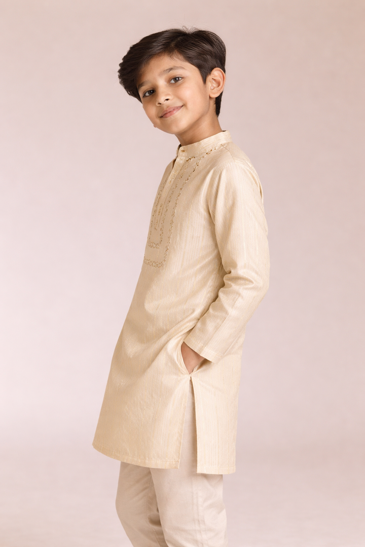 Boys Gold Zari Yoke Stripe Embroidered Kurta Set