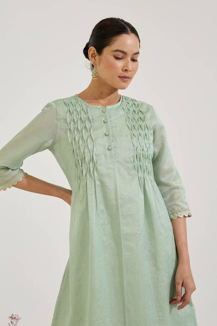 Mint Gold Chanderi Stripe Kurta with Wide Leg Pants - Set of 2